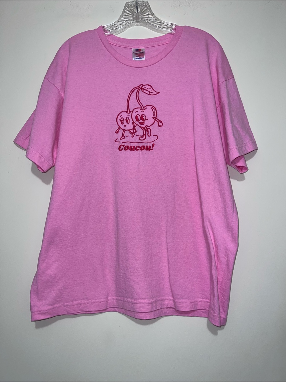 Coucou! Embroidered Red Cherries Size L Pink T-Shirt ~ Worn Once!